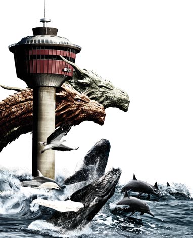 A photoshopped image of a pair of dragons passing by the Calgary Tower which is nearly submerged in ocean water