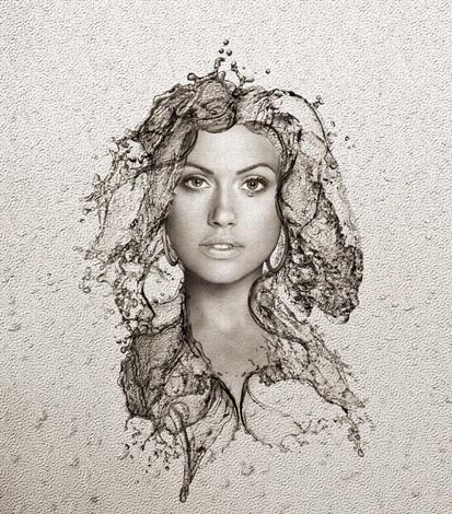 A photoshopped image of a woman with hair that is replaced with waves of water